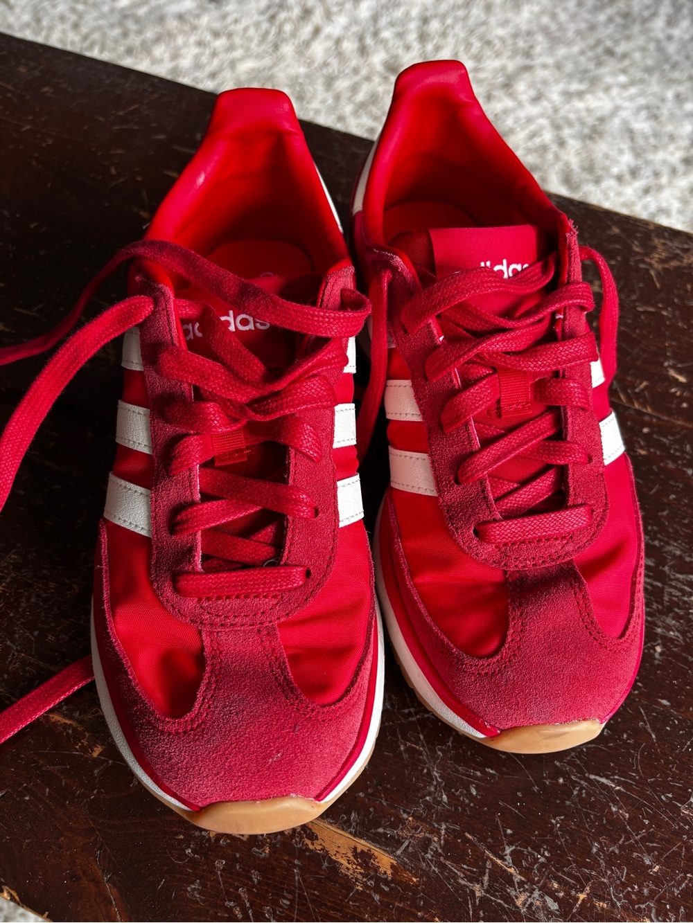 adidas retro 70s Red Athletic Trainers with White Stripes and gum sole size 5.5